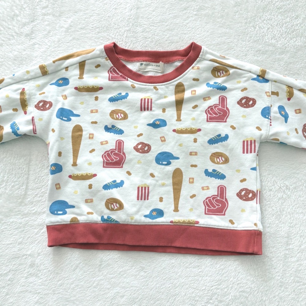 Monica + Andy Toddler Sweatshirt 2T Organic Cotton Baseball Snack Print Kids - Picture 2 of 7